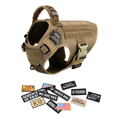 Tactical dog harness with patches on a white background