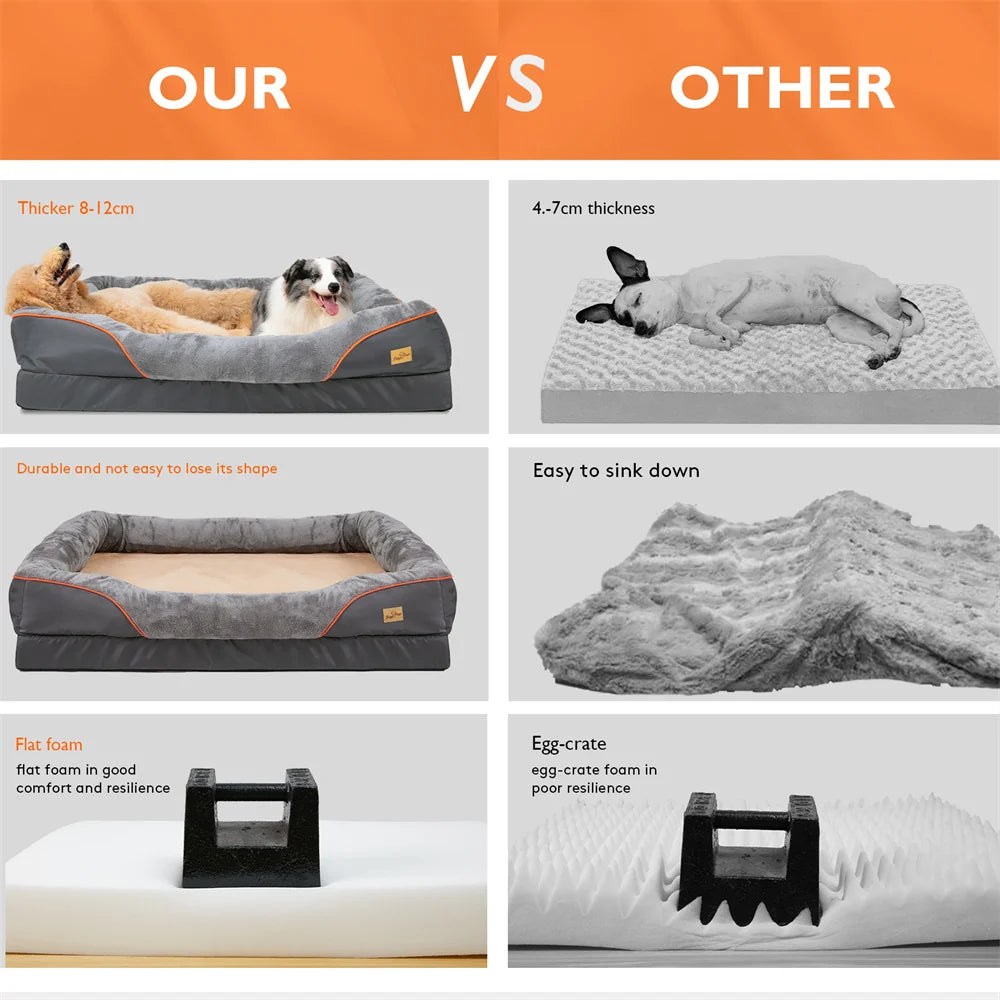 Comparison chart of a pet bed with text highlighting features and differences.
