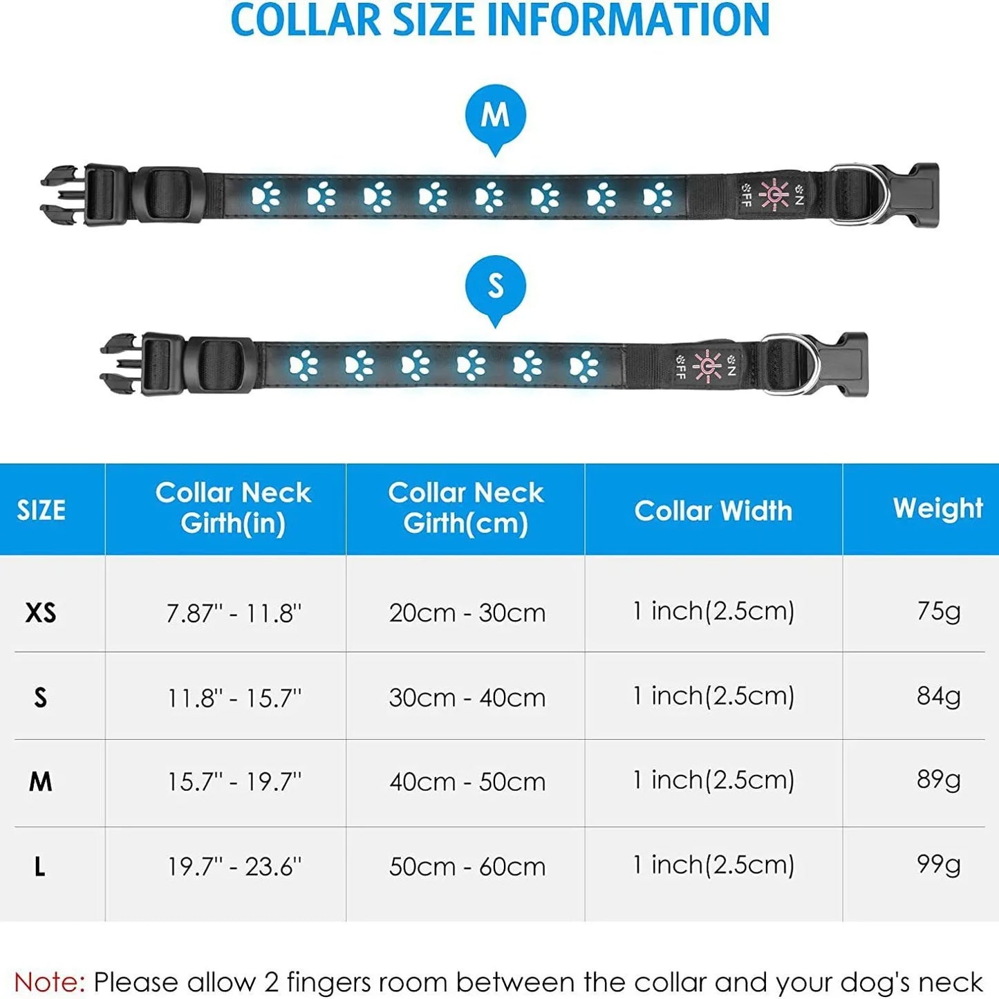 Collar size information chart with two collars labeled M and S on a white background.