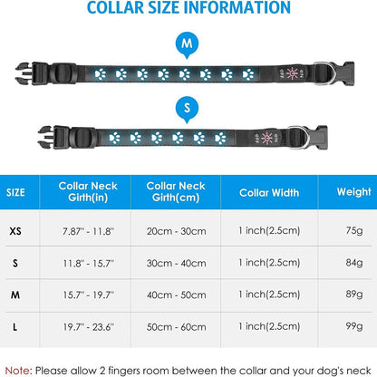 Collar size information chart with two collars labeled M and S on a white background.