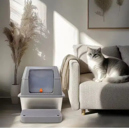 A cozy living room scene featuring a gray cat sitting on a couch beside a modern litter box, illuminated by soft, natural light.