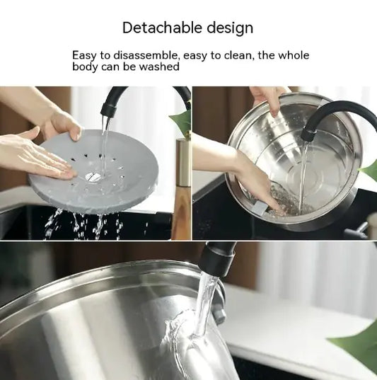 Hands demonstrating the detachable design of a kitchen appliance, showcasing easy cleaning and washing capabilities with running water.