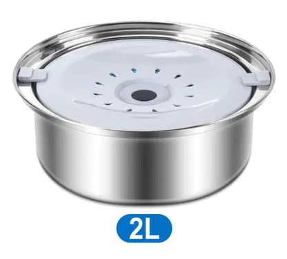 A stainless steel pet water fountain with a 2L capacity, featuring a white top and a perforated design for water flow.