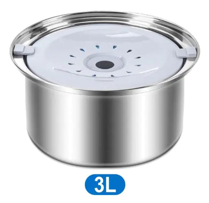 A stainless steel pet water fountain with a 3L capacity, featuring a white top and a perforated design for water flow.