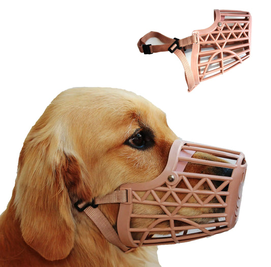 Dog wearing a pink muzzle with an inset showing the muzzle on a white background
