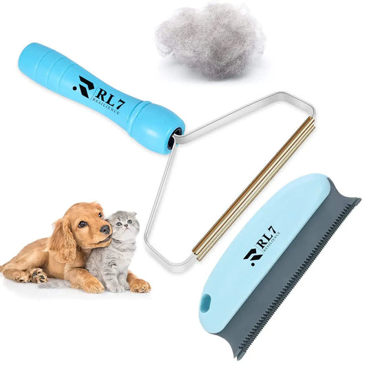 Pet grooming tools including a blue brush, a white and gold comb, and a gray ball of fur on a white background.