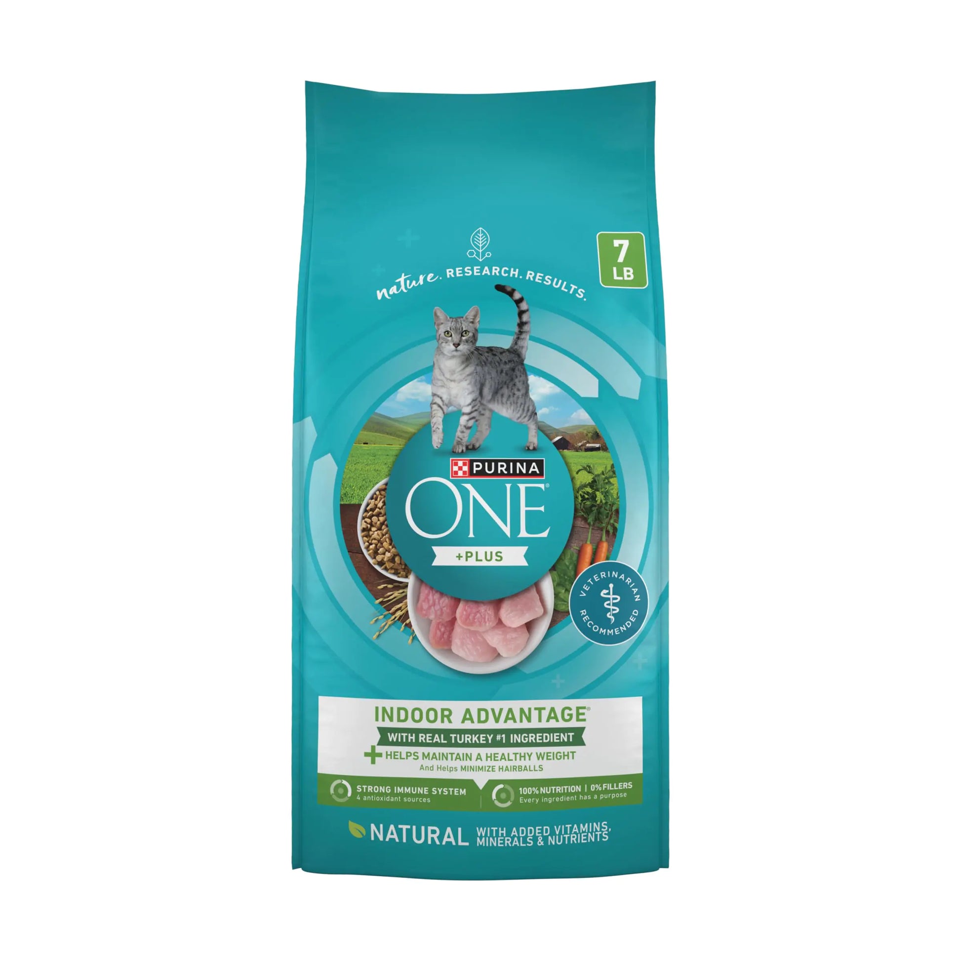 Purina One Plus cat food package on a white background