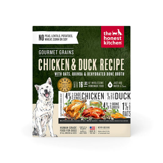 A packaging of The Honest Kitchen's Chicken & Duck dog food featuring a dog illustration, describing ingredients like oats and quinoa.