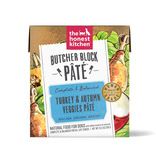 Packaging of The Honest Kitchen Butcher Block Pâté, featuring turkey and autumn veggies, labeled as human-grade dog food.