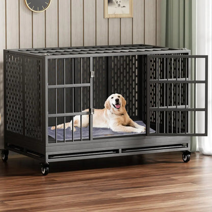 A golden retriever happily lying on a plush mat inside a spacious metal dog crate with an open door, set in a cozy interior.