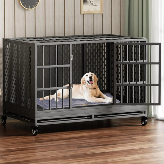 A golden retriever happily lying on a plush mat inside a spacious metal dog crate with an open door, set in a cozy interior.