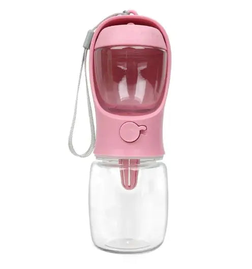 A pink water bottle with a transparent bottom and a built-in straw, featuring a carrying strap and a button for easy use.