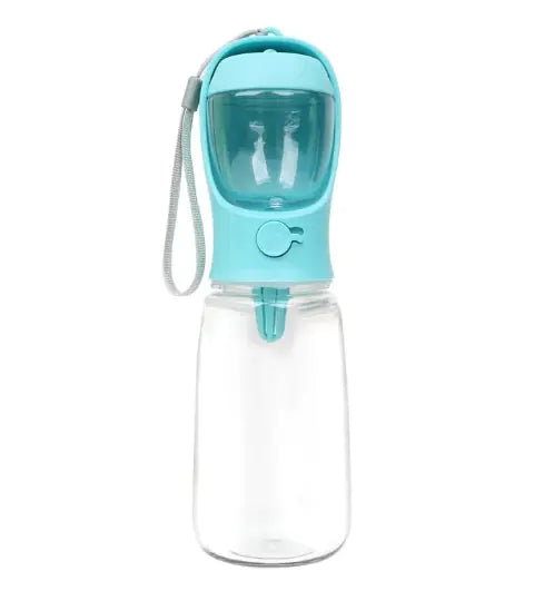 A clear water bottle with a light blue top, featuring a spray nozzle and a carrying strap for convenient use.