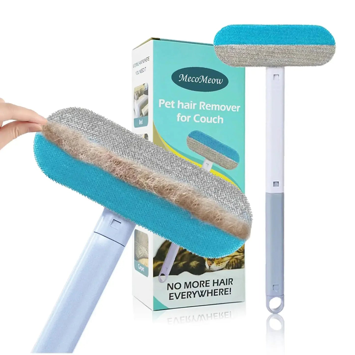 Pet hair remover with a box labeled 'MecoMeow Pet Hair Remover for Couch' on a white background.