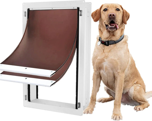 A large dog sits next to a pet door with a flexible, brown flap and a sturdy white frame, designed for easy pet access.