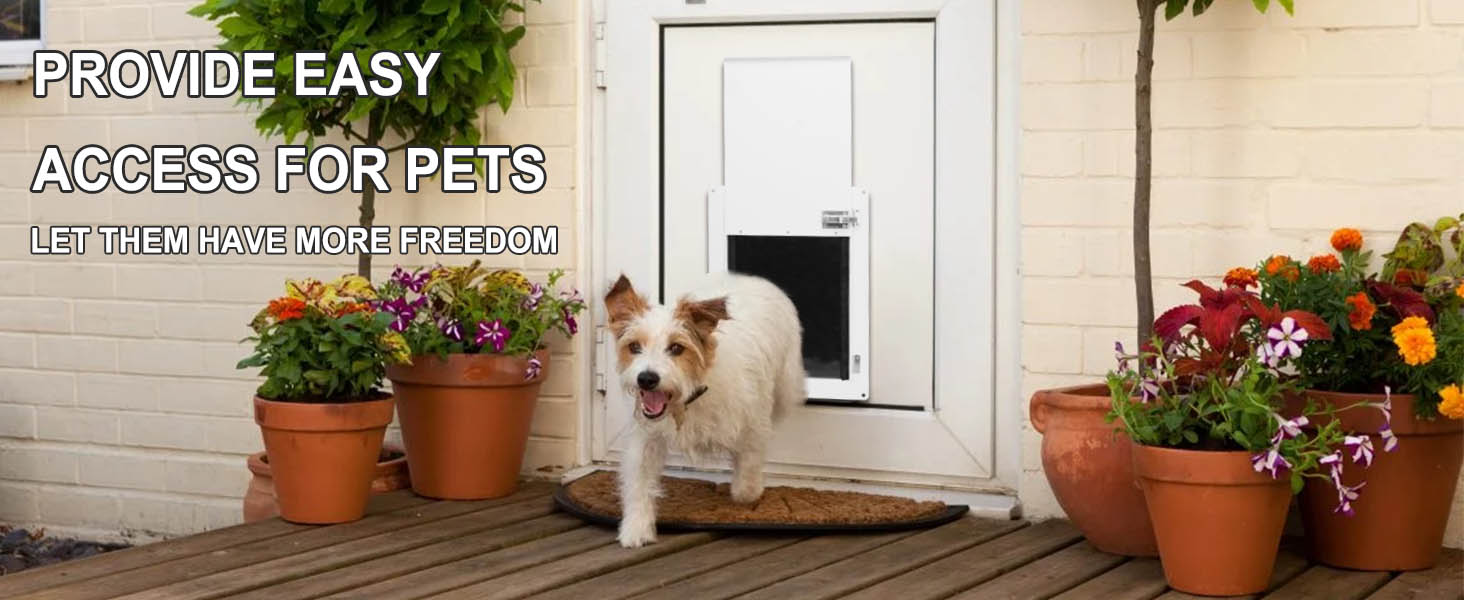 A small dog happily exits a pet door into a garden filled with vibrant flowers and plants, showcasing pet-friendly access.