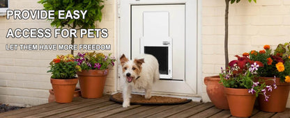 A small dog happily exits a pet door into a garden filled with vibrant flowers and plants, showcasing pet-friendly access.