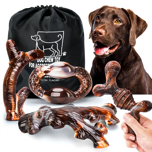 OSORD Tough Nylon Dog Chew Toys - 4 Pack with Bacon Aroma