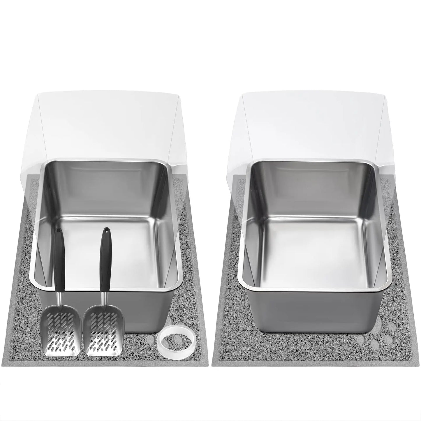 Stainless Dual-Cat Litter Set with Shield & Mat - Shopinapets