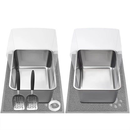 Stainless Dual-Cat Litter Set with Shield & Mat - Shopinapets