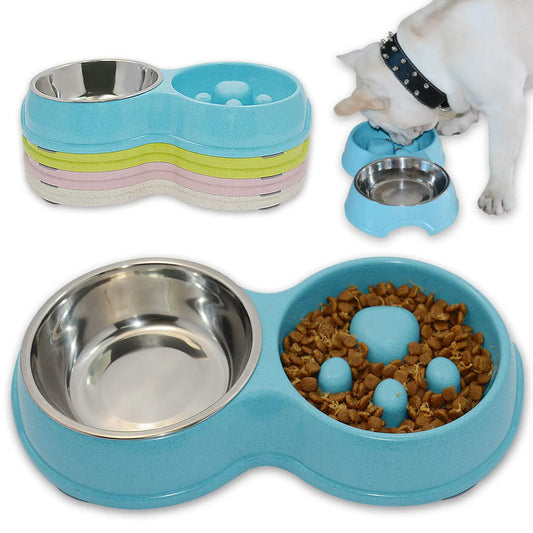 Frenchie Slow Feed Steel Bowl Set - Shopinapets