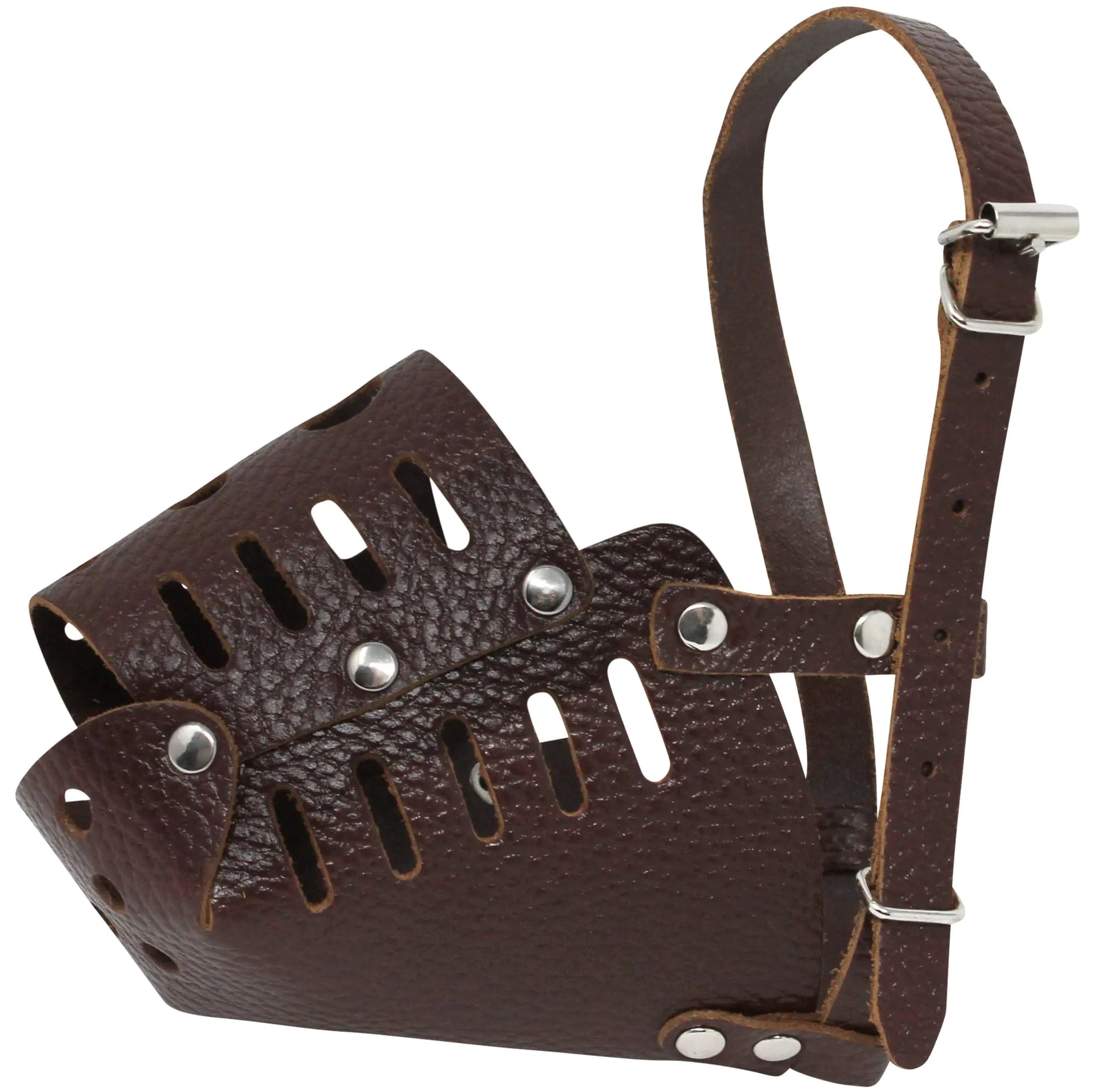 Brown leather muzzle with a strap on a white background