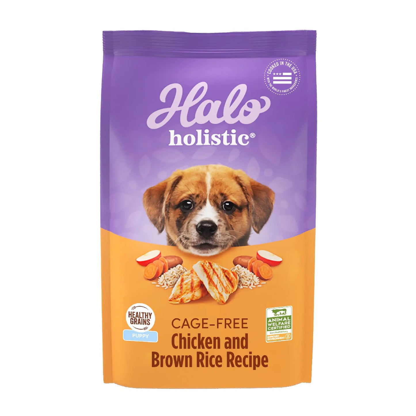 Halo holistic dog food package with a purple and orange design featuring a puppy on a white background.