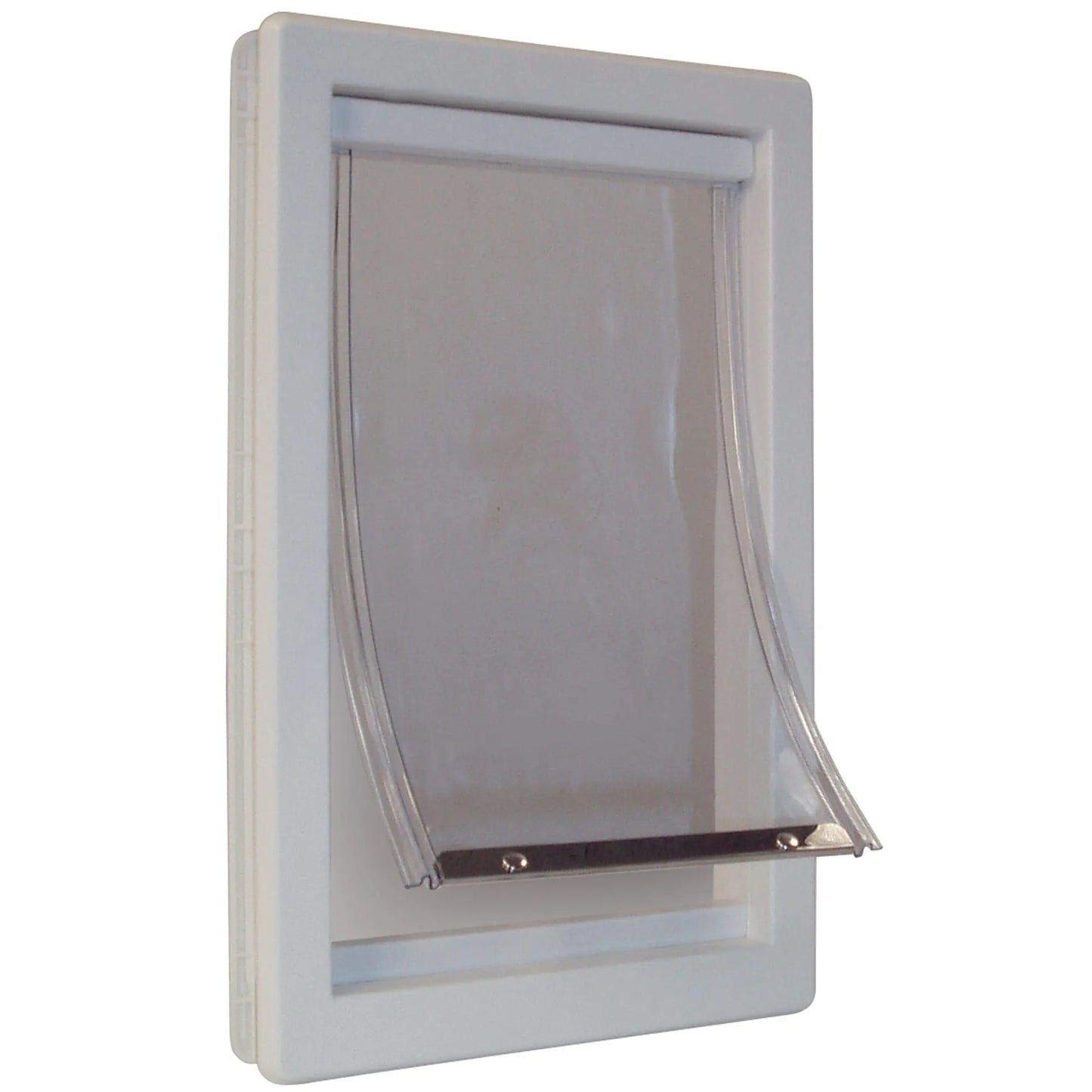 Pet door with clear flap on a white background