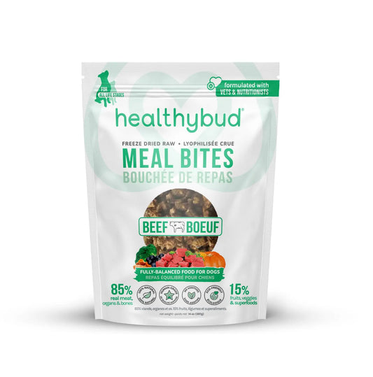 A bag of Healthy Bud freeze-dried beef meal bites for dogs, featuring green text and images of fresh ingredients, highlighting balanced nutrition.