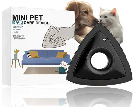 Mini pet hair care device with packaging featuring a dog and cat illustration.