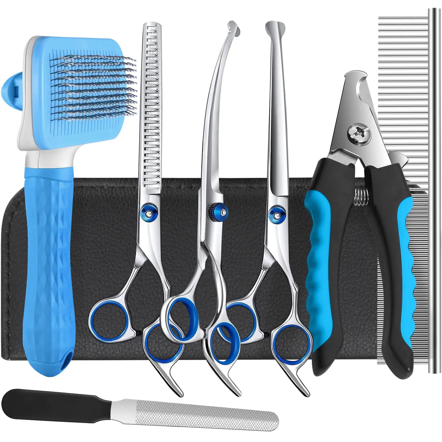 Set of pet grooming tools including scissors, a brush, and pliers on a black background.