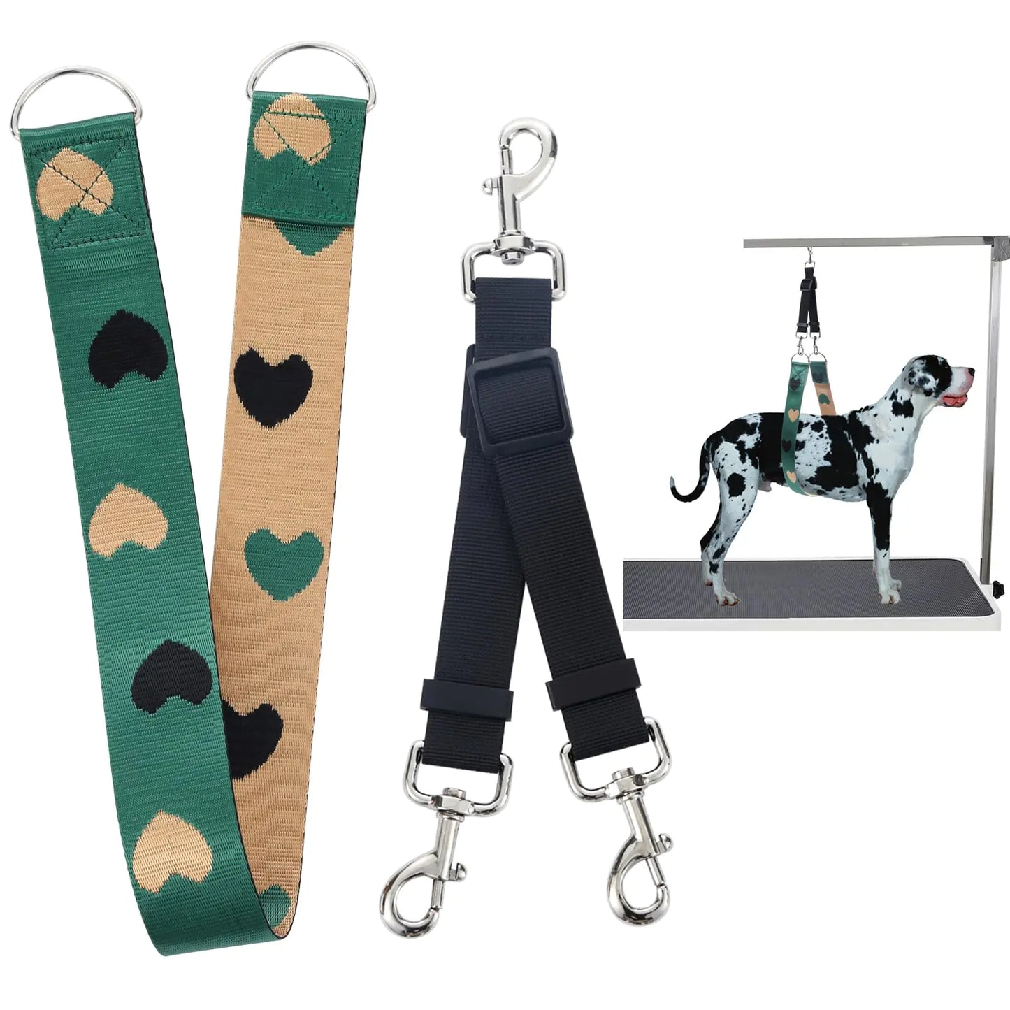 Two dog leashes with heart patterns and a black and white dog on a grooming stand.
