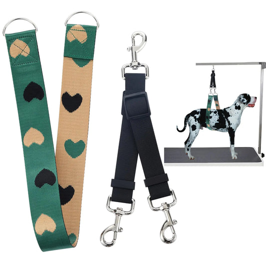 Two dog leashes with heart patterns and a black and white dog on a grooming stand.