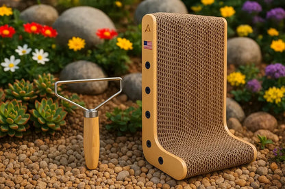 Cardboard cat scratcher and garden tool on pebbles with flowers in the background