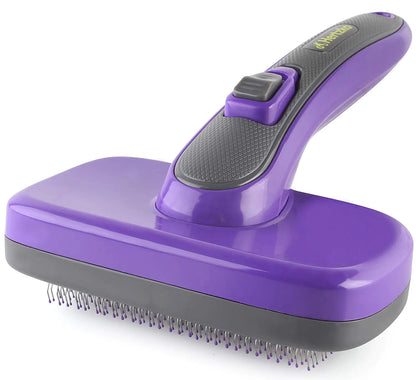 Purple and gray pet grooming brush on a white background