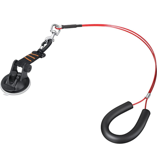 Carabiner with red rope and black suction cup on a white background