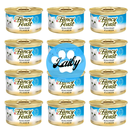 Multiple cans of Fancy Feast tuna feast flaked cat food with a Laily branded can in the center.